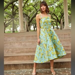 Annabelle Floral Sqaure Neck Sleeveless Side Pocket Belted High-Low A-Line Dress